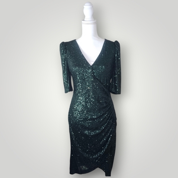 calvin klein green sequin dress Calvin Klein Green Sequin V-Neck Midi Sheath Dress 3/4 Sleeve Size 14